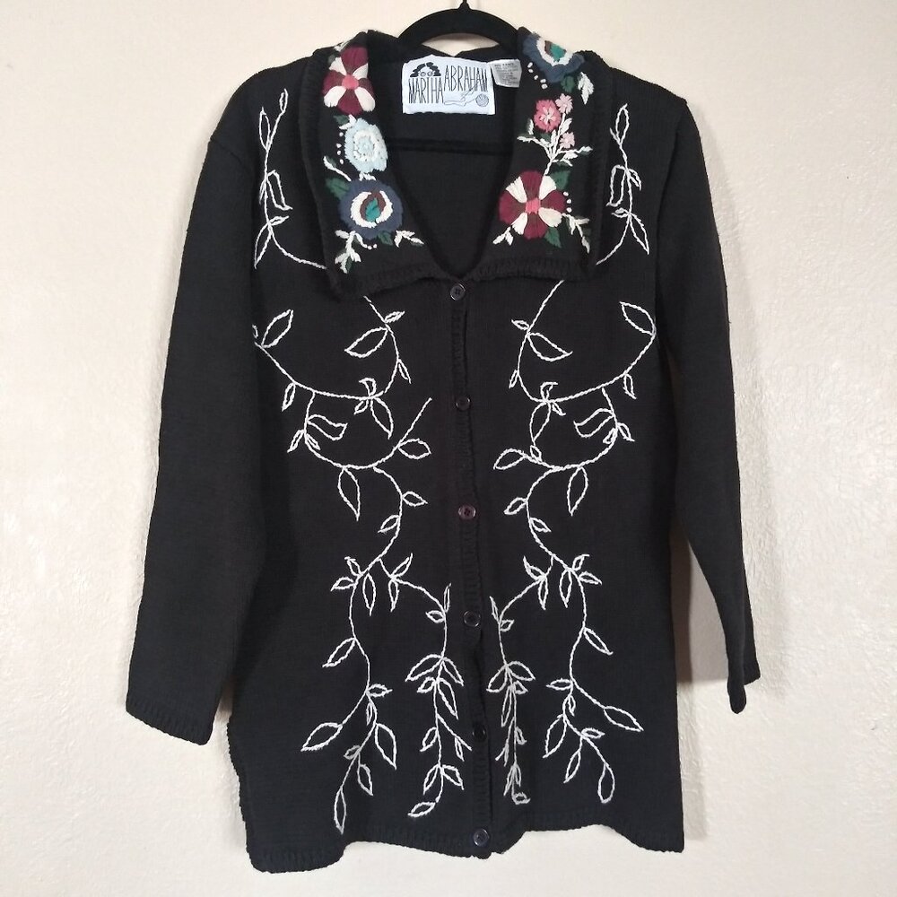 Vintage Martha Abraham Black Floral Embroidered Cardigan Sweater Women's Small